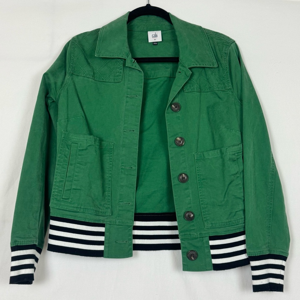 CAbi Green Jacket with Black and White Striped Hem